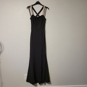 Betsy & Adam Crystal Crossed Straps Black Formal Gown with Cowl Back